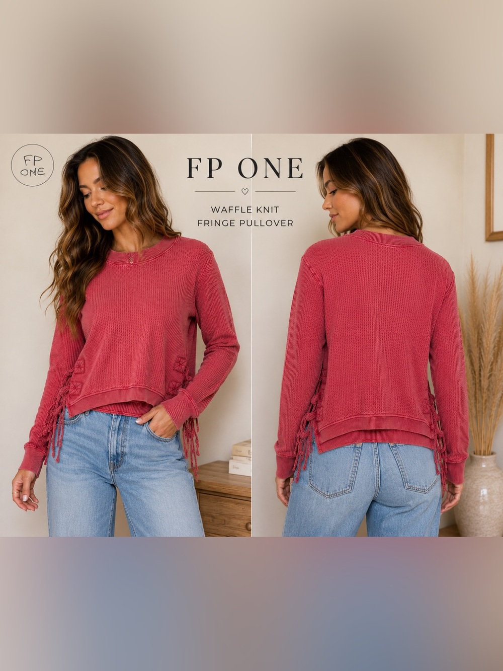 Free People FP One Red Thermal Knit Fringe Pullover Sweater S/P boho